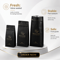Sachet de café à fond plat avec fermeture éclair et valve, pochette scellée sur 8 côtés, imprimé sur mesure, emballage 250g 500g 1lb pour grains de café de spécialité