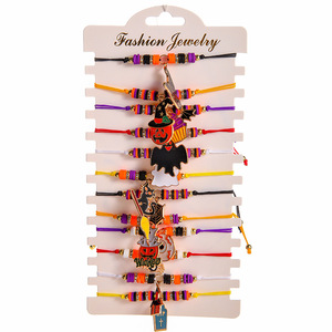 Ensemble de bracelets de dessin animé d'Halloween, tressés, réglables, unisexes, bijoux de fête, en alliage de zinc, motif citrouille et crâne - Product Image 2