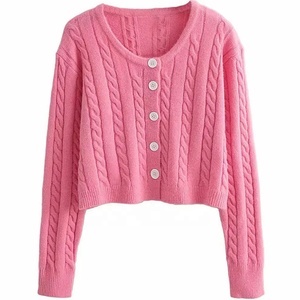 Suéter Cárdigan de Punto para Hermandades Universitarias, Corto, Rosa, con Cuello Redondo, Diseño Trenzado, OEM, con Botones Blancos - Product Image 1