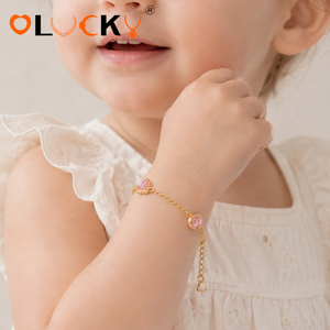 LUCKYJIU Produttore di Gioielli Personalizzati, Braccialetto per Bambini in Acciaio Inossidabile Placcato Oro 18k, Impermeabile, con <span class=keywords><strong>Cuore</strong></span> Rosa in Cristallo e Smalto - Product Image 3