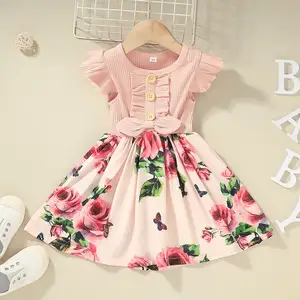Girl's Clothing Flying Sleeves Flower Print Princess Dress 2024 Baby Birthday Party Banquet Bowknot Girls Dresses