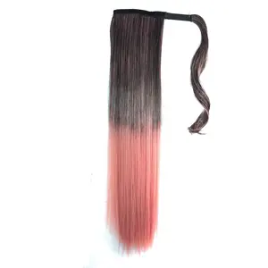 12A Ombre Long Straight Wrap Around Ponytail Natural Fake Hair Clip In Synthetic Thick Soft Knit Ponytail Beanie Extensions