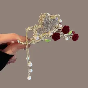 Clip grande para el pelo con forma de flor para mujer, color dorado, con diamantes de imitación, para peinados elegantes