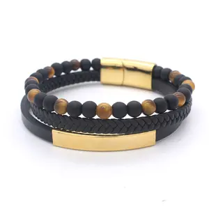 Multi Leather Bracelet With Natural Stone Men Bracelet Jewelry Stainless Steel Magnetic Clasp