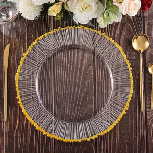 Wholesale Unique Antique Wedding Glass Plates Vertical Stripes Gold Silver Rim Glass Wedding Charger Plates For Dinner