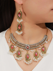 Conjunto <span class=keywords><strong>de</strong></span> collar y pendientes <span class=keywords><strong>de</strong></span> cristal Rosa Vintage, accesorios para mujer, conjunto <span class=keywords><strong>de</strong></span> joyería <span class=keywords><strong>de</strong></span> <span class=keywords><strong>perlas</strong></span> <span class=keywords><strong>de</strong></span> oro antiguo étnico - Product Image 2