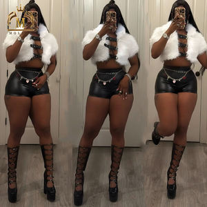 Sexy Damenkleidung Modisches Fell-Patchwork Crop Top + PU-Leder Shorts 2-teiliges Set Mädchen Sexy Club PU Zweiteiler Damen - Product Image 1