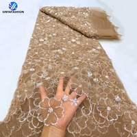 Tissu en dentelle africaine 3D Sinya de haute qualité avec fleurs, perles et sequins, 5 yards, en tulle français pour robe de mariée Aso Ebi