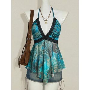 Women's Chiffon Halter <b>Top</b> Empire Waist Asymmetrical <b>Flowy</b> Backless Party Club Outfit Breathable - Product Image 3