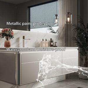 Meuble-lavabo mural <span class=keywords><strong>de</strong></span> <span class=keywords><strong>salle</strong></span> <span class=keywords><strong>de</strong></span> <span class=keywords><strong>bain</strong></span> moderne <span class=keywords><strong>de</strong></span> luxe en PVC, personnalisable en gros, avec lavabo intégré et <span class=keywords><strong>miroir</strong></span> intelligent LED anti-buée rétroéclairé - Product Image 6