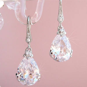 <b>Crystal</b> Drop Earrings For Women 925 Silver Rhodium Plated Pink Teardrop Wedding Jewelry Romantic Style E501 White - Product Image 4