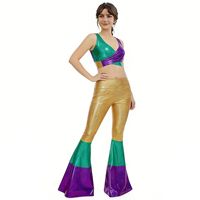 Ensemble de tenue de cosplay Mardi Gras avec pantalon évasé métallisé brillant et crop top 100 % polyester pour femmes adultes, idéal pour la scène et la danse