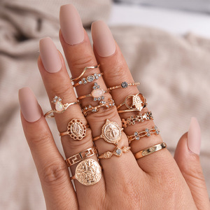 Juego <span class=keywords><strong>de</strong></span> Anillos Retro con Cruz, Moneda Dorada y Circonita Cúbica para Mujer, Anillos Apilables y Geométricos en Plata/Dorado - Product Image 2