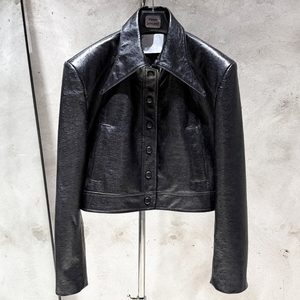 Veste courte en cuir de <span class=keywords><strong>mouton</strong></span> noir pour <span class=keywords><strong>femme</strong></span>, style décontracté, à simple boutonnage, motif <span class=keywords><strong>imitation</strong></span> autruche - Product Image 2