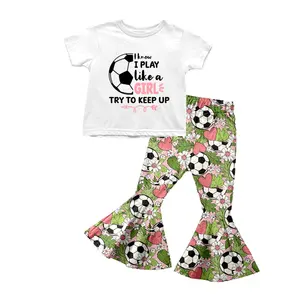 Baby Girls Western Design Soccer Print Custom Fabric Bell Bottoms Summer Outfits 2 Pcs Kids Clothing Sets