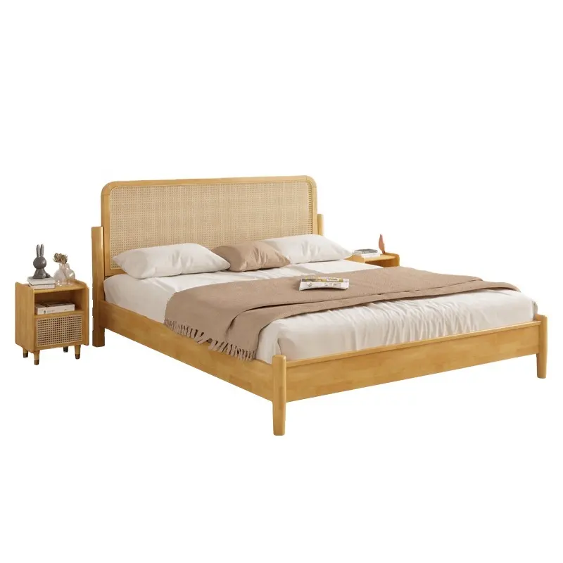 Wabi-sabi madeira maciça cama 1.8m moderno simples Nordic quarto mobiliário Log vintage rattan cama de casal