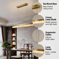Lustre LED moderne et luxueux à cadre en cuivre rectangulaire et abat-jour en marbre, luminaire de plafond à intensité variable pour villa avec garantie
