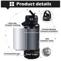 Bouteille d'eau isotherme en acier inoxydable avec logo personnalisé, 18 oz et 32 oz, pour la gym et le sport, avec fond en silicone et paille rabattable