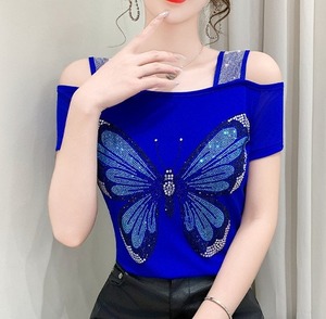 Top Brillante con Pedrería, Top de Malla con Mariposas Azules, <span class=keywords><strong>Camiseta</strong></span> de Manga Corta para Discoteca, <span class=keywords><strong>Camiseta</strong></span> de Fiesta - Product Image 5