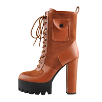 Bottines à plateforme marron à lacets pour femme 2025, talon épais avec poche, chaussures de soirée tendance