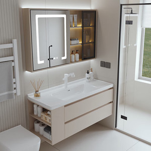 Combinaison d'armoires de salle de bain avec lavabo intégré en céramique, belle armoire de salle de bain en bois massif, armoire de lavabo pour shampoing - Product Image 1