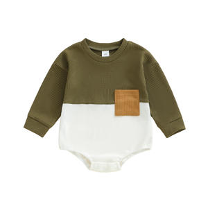 Mameluco de Bebé Personalizado de Punto Waffle, Manga Larga, Diseño de Bloques de Color, con Bolsillos, Marca Privada OEM ODM - Product Image 2