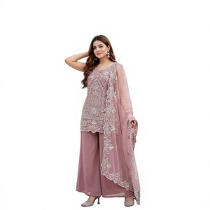 PARTY WEAR DESIGNER 3 PIS SUIT COLLECTION CODE FABRICS DETAIL TOP HEAVY <b>STAR</b> GEORGEET - Product Image 1