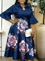 Robe longue décontractée grande taille pour femme, imprimé floral dégradé, col, manches évasées, taille haute, ceinture ample, pour le printemps et la mode
