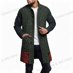 2023 vendita calda polinesiano Elei Tribal Design personalizzato manica lunga Slim Fit colletto alla coreana sciolto moda Trench cappotto da uomo