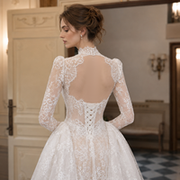 Robe de mariée sirène à manches longues, col rond, dentelle française, traîne détachable 2-en-1, dos nu, grande taille, maternité