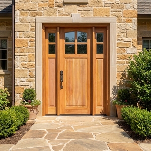 Puerta de Entrada Principal Tradicional con Arco, Fabricada en Madera de Teca y Caoba Maciza, con 4 Paneles de Vidrio y Luces Laterales - Product Image 4