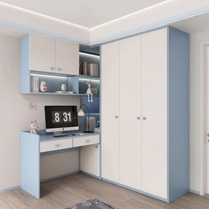 Custom-Made Modern Minimalist Children's Bedroom Wardrobe with Modular Desk <b>Bookshelf</b> Adjustable Height and <b>Open</b> Shelving - Product Image 1
