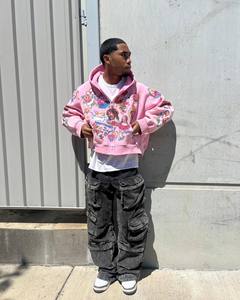 Su misura American Retrò Gothic <span class=keywords><strong>Rock</strong></span> Hip Hip Happwear lavato con cappuccio con stampa digitale DTG felpa con cerniera ritagliata per gli uomini - Product Image 2