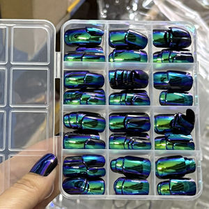144 <span class=keywords><strong>Uñas</strong></span> Postizas Cuadradas Francesas Azules Galvanizadas, <span class=keywords><strong>Uñas</strong></span> Postizas <span class=keywords><strong>Cortas</strong></span> Brillantes, <span class=keywords><strong>Uñas</strong></span> Acrílicas de Cobertura Completa para Manicura DIY - Product Image 1