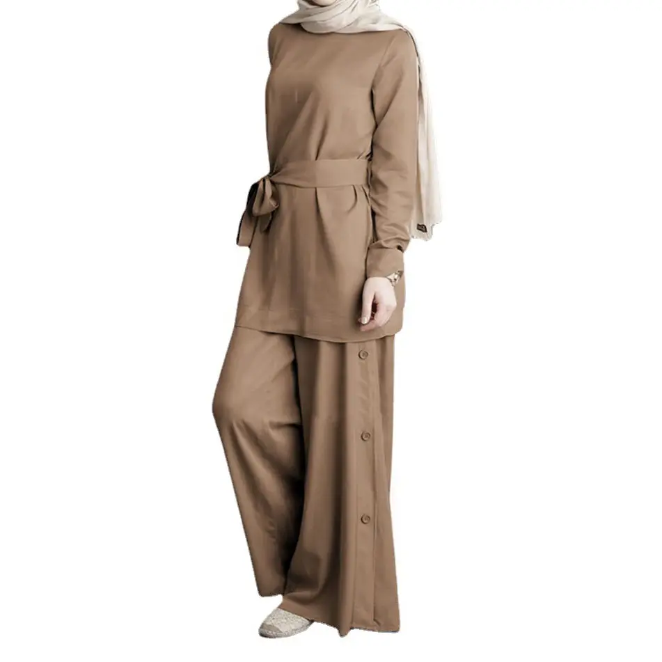 Tunik üstleri müslüman yeni tasarım moda uzun kollu kadın basit geniş bacak pantolon müslüman dantel takım elbise uzun kollu düz tunik üstleri