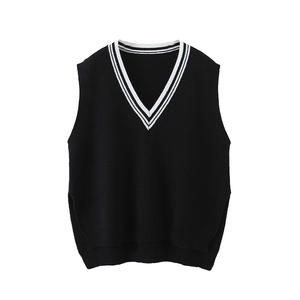 N8279 Chaleco de punto con cuello en V para mujer, talla grande, negro y blanco roto, fibra acrílica, estilo retro, ropa informal - Product Image 5