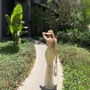 Women's Backless Halter Dress Pale Yellow Floral Print Bodycon Maxi Mermaid Skirt Stretch Chiffon Summer Resort Style - Product Image 4