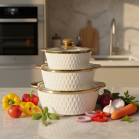Lot de 3 casseroles en porcelaine géométriques à bord doré, faites en céramique blanche, avec couvercle en verre, vente en gros