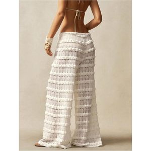 Pantalon en dentelle crochetée pour femme, à volants superposés, taille élastique, en maille, coupe ample, 100 % coton tricoté respirant, idéal comme cache-maillot de plage - Product Image 2