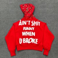 Sweat à capuche zippé personnalisé pour homme, effet vieilli, entièrement orné de strass, avec logo patchwork DTG et strass intégrés