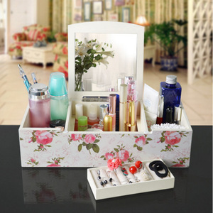 Wooden Jewelry <b>Box</b> Rectangle Flower Print <b>Mirror</b> Lid Storage Organizer For Desktop Use - Product Image 4