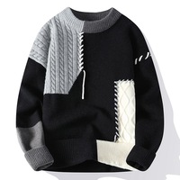 Sweater Rajut Pria Motif Jacquard Musim Dingin 2024 Kerah Bulat dengan Dekorasi Blok Warna