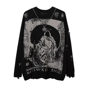 Wholesale Distress Vintage Oversize Cropped Top <strong>Hoodie</strong> for <strong>Men</strong> Grim Reaper Ripped Knit Sweater <strong>Burgundy</strong> - Product Image 3