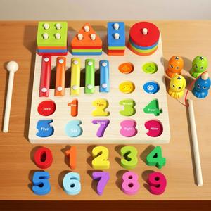 Tableau d'activités en bois 4-en-1 : anneaux à empiler et jeux de comptage, empileur d'anneaux numérotés - Product Image 6