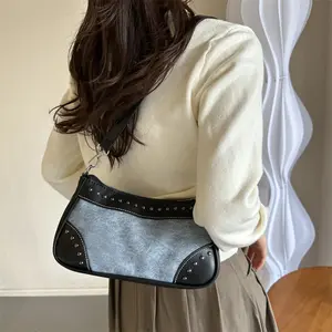 2024 New Design Vintage Women Stud Zipper Leather Shoulder Bag