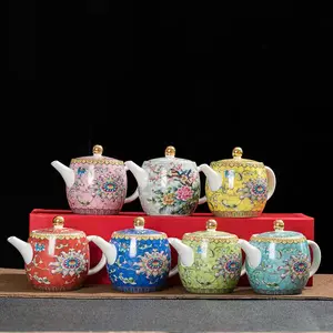 Théière en porcelaine peinte, théière avec filtre, service de thé Gongfu en céramique épaisse dorée de 300ml en porcelaine blanche, en Stock
