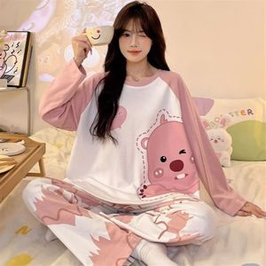 Pyjamas femmes automne et hiver ample grande taille dessin animé Ins pyjamas à manches longues pantalon <span class=keywords><strong>deux</strong></span> pièces costume ensemble de vêtements de nuit - Product Image 2
