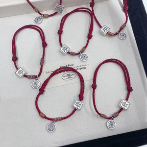 S999 Pure Silver Red <b>Rope</b> <b>Bracelet</b> With Wealth Charms Unisex Gift Jewelry - Product Image 3