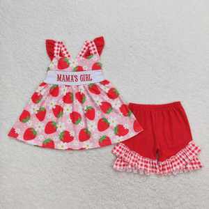 Robe à volants en gingham rose à fleurs et ensemble de combinaison assortie pour bébé fille, motif fraise "Mama's Girl" - Product Image 2