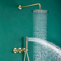 Robinet de salle de bain en laiton à double poignée encastré, finition or brossé, avec cartouche céramique et jets de massage et de pulvérisation